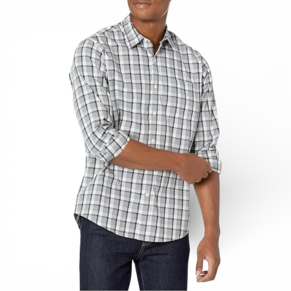 Amazon Essentials Gray Plaid Poplin Shirt Size XL Cotton Button Down